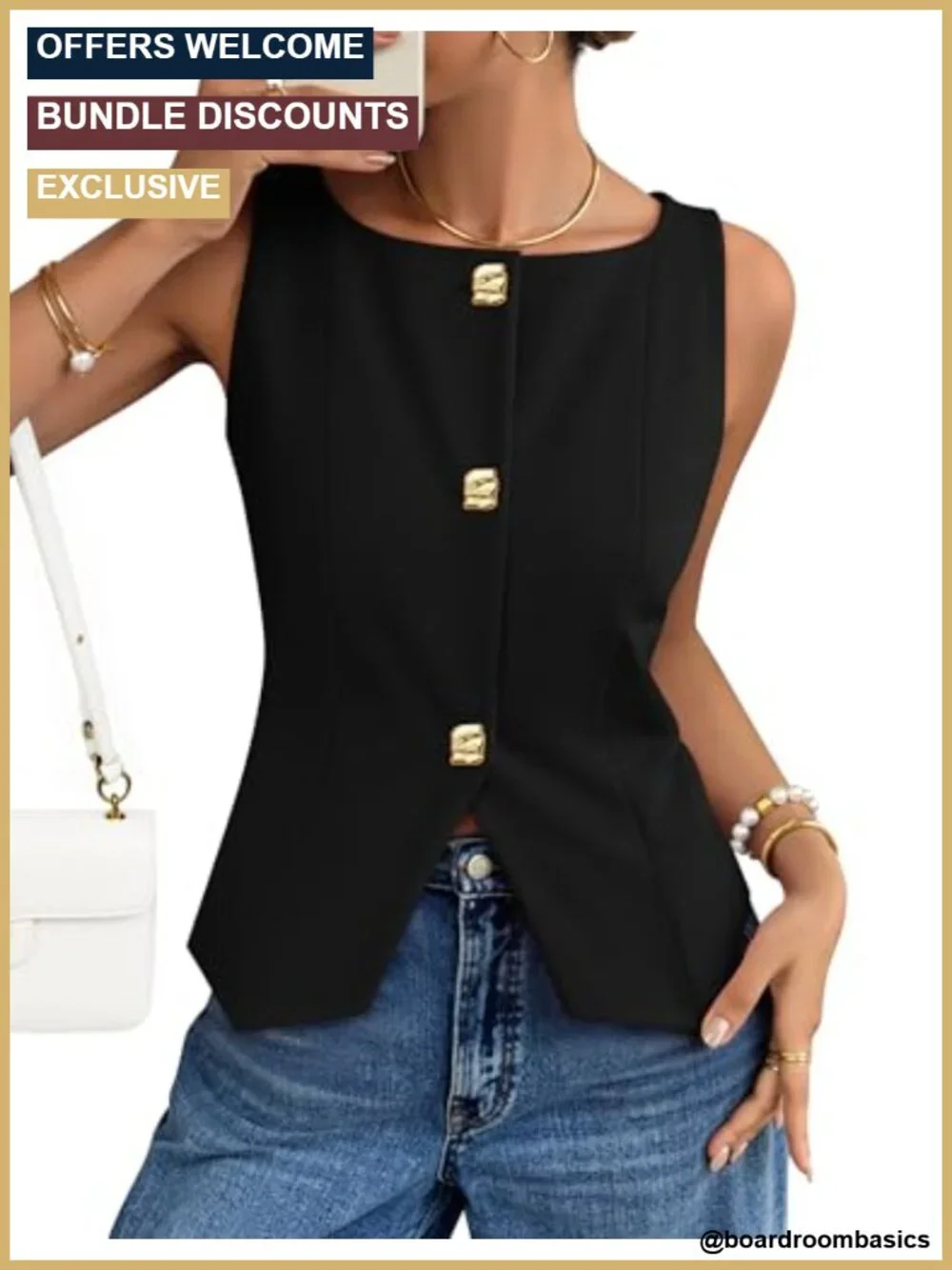Women's Sleeveless Vest Top Button Down Suit Vest Boat Neck Layering